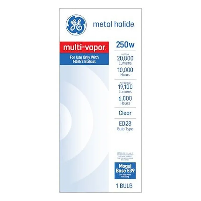 GE 30942 Multi-Vapor Metal Halide Light Bulb, 250 W, ED28 Lamp, E39 Mogul Lamp Base, 20800 Lumens (Pack of 4)