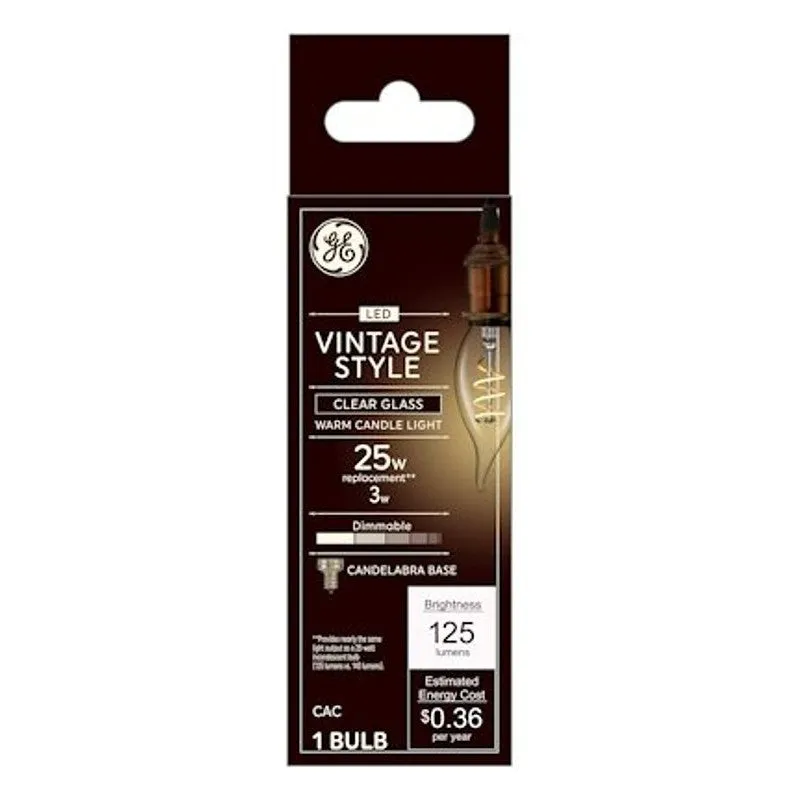 GE 36486 LED Lamp, Vintage, CAC Lamp, E12 Lamp Base, Dimmable, 2200 K Color Temp (Pack of 4)