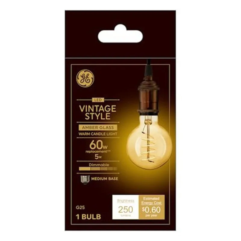 GE 36528 Vintage Light Bulb, G25 Lamp, 60 W Equivalent, E26 (Medium) Lamp Base, Dimmable, Amber, Warm White Light (Pack of 4)
