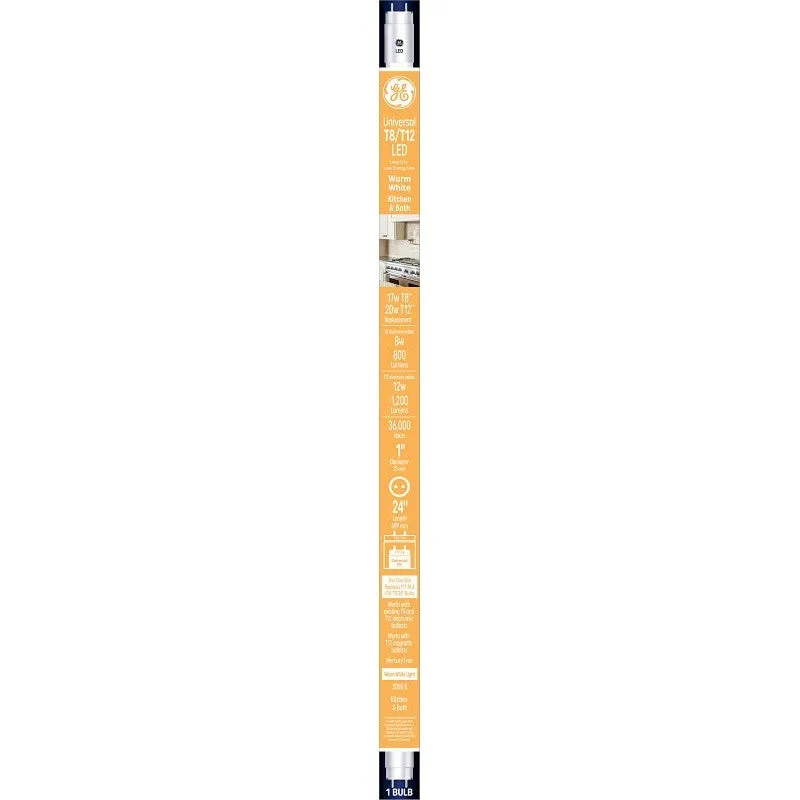 GE 37136 LED Tube Light Bulb, Specialty, T8 Lamp, Bi-Pin Lamp Base, Clear, Warm White Light, 3000 K Color Temp (Pack of 6)