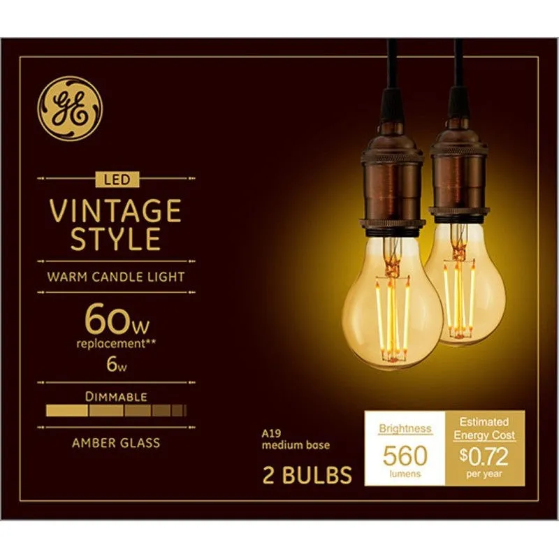 GE 42162 Replacement Bulb, Decorative, Vintage, A19 Lamp, 60 W Equivalent, Medium (E26) Lamp Base, Dimmable, Amber