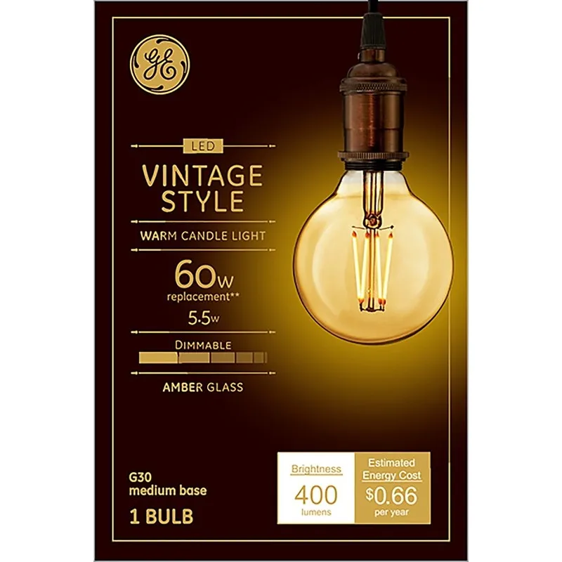 GE 42183 Light Bulb, Vintage, G30 Lamp, 60 W Equivalent, Medium (E26) Lamp Base, Dimmable, Amber, Warm White Light