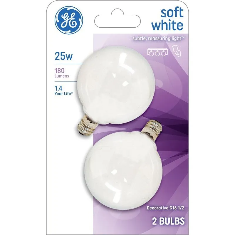 GE 44412 Light Bulb, 25 W, G16.5 Lamp, E12 Candelabra Lamp Base, 180 Lumens, 2500 K Color Temp, Soft White Light (Pack of 6)