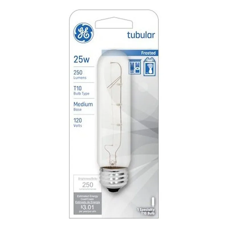 GE 45513 Display Bulb, 25 W, T10 Lamp, E26 Medium Lamp Base, 250 Lumens, 2500 K Color Temp, Frosted Light (Pack of 25)