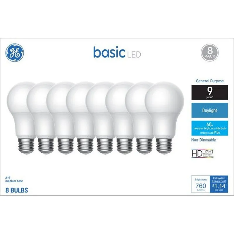 GE 46779 LED Light Bulb, A19 Lamp, 60 W Equivalent, E26 Medium Screw-In Lamp Base, No, Frosted, Daylight