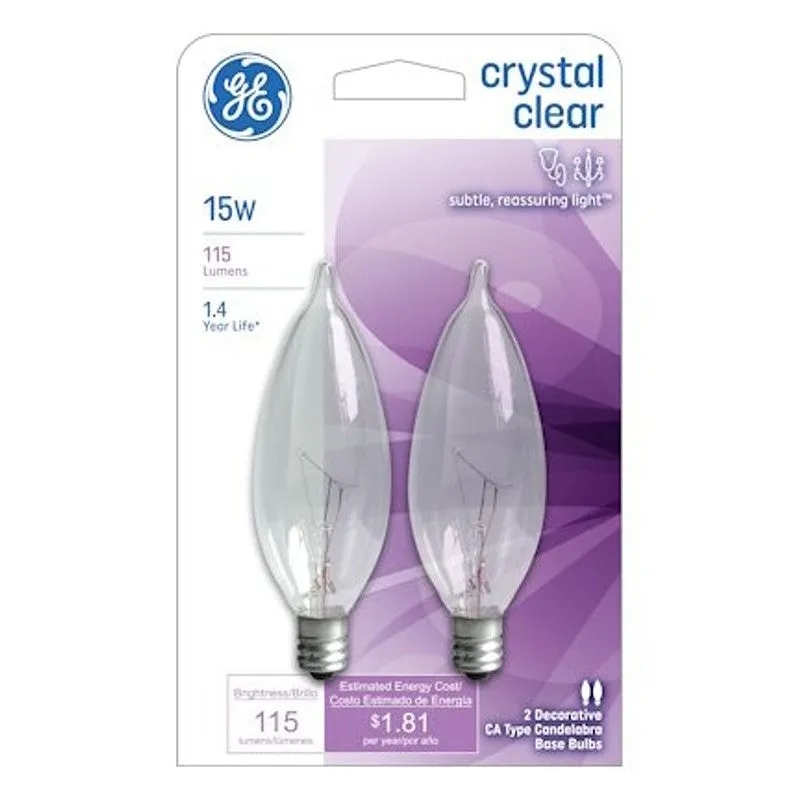 GE 48396 Light Bulb, 15 W, CA8 Lamp, E12 Candelabra Lamp Base, 115 Lumens, 2500 K Color Temp, Soft White Light (Pack of 6)