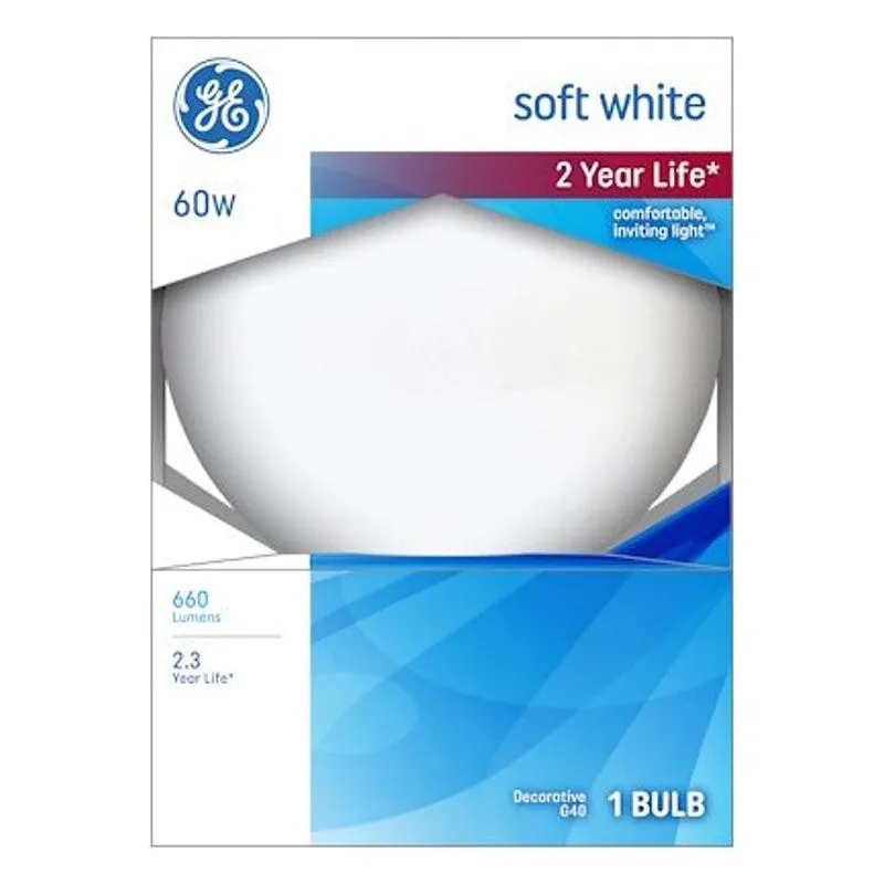 GE 49780 Light Bulb, 60 W, G40 Lamp, E26 Medium Lamp Base, 650 Lumens, 2600 K Color Temp, Soft White Light (Pack of 6)