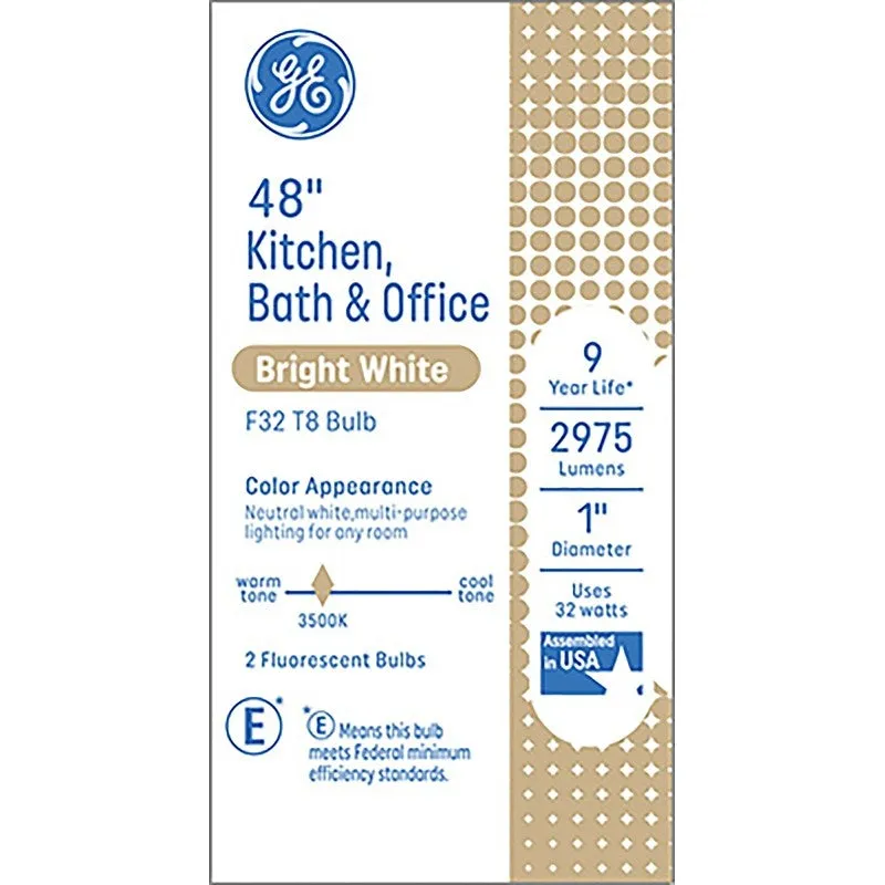 GE 66837 Light Bulb, 32 W, T8 Lamp, G13 Medium Bi-Pin Lamp Base, 2975 Lumens, 3500 K Color Temp (Pack of 24)