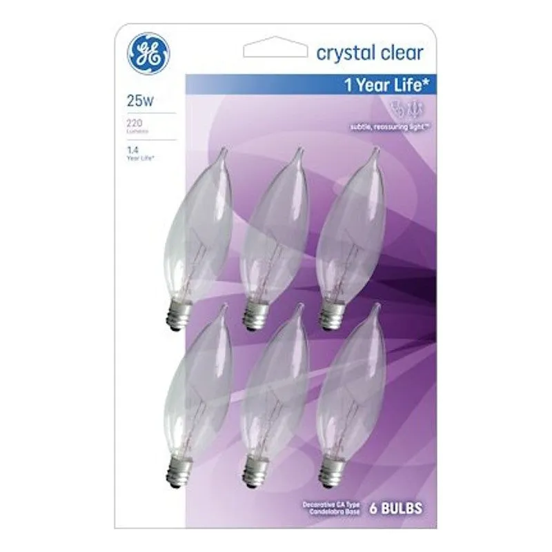 GE 75223 Decorative Light Bulb, 25 W, CA10 Lamp, Candelabra Lamp Base, 220 Lumens, 2500 K Color Temp (Pack of 5)