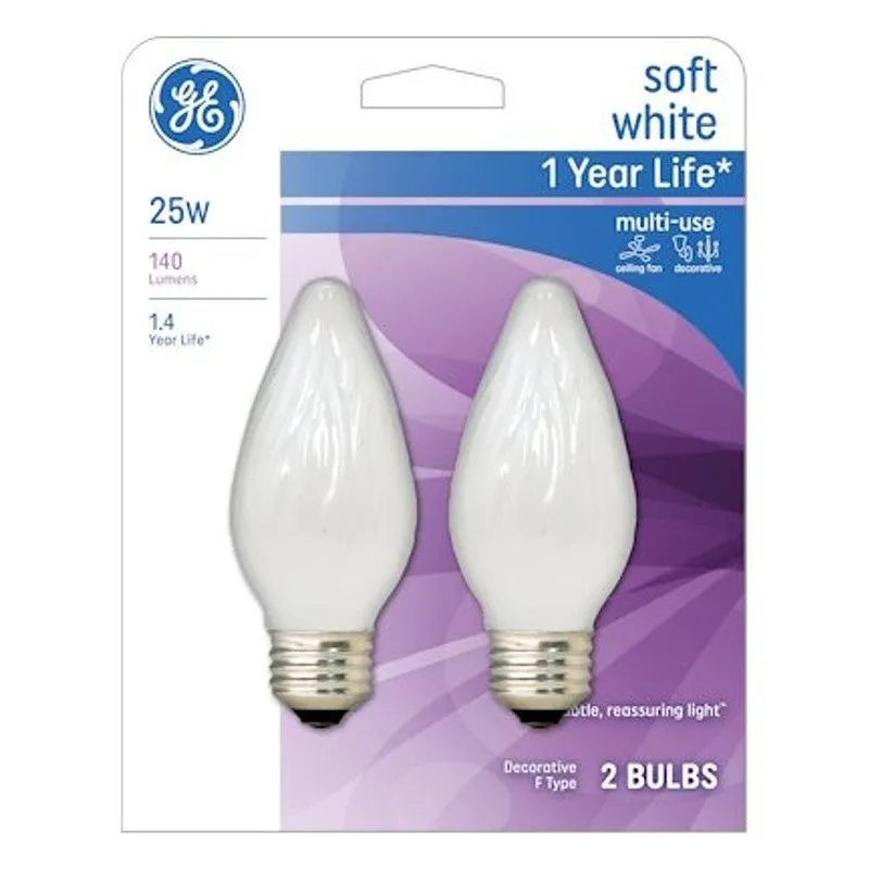 GE 75338 Ceiling Fan Bulb, 25 W, F15 Lamp, E26 Medium Lamp Base, 100 Lumens, 2400 K Color Temp, White Light (Pack of 4)