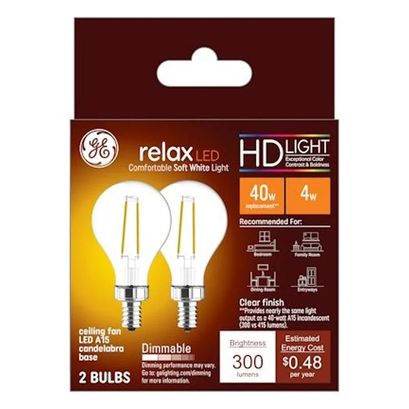 GE 93116152 LED Ceiling Fan Light Bulb, A15 Lamp, 40 W Equivalent, E12 Medium Lamp Base, Dimmable, Clear, Soft White Light