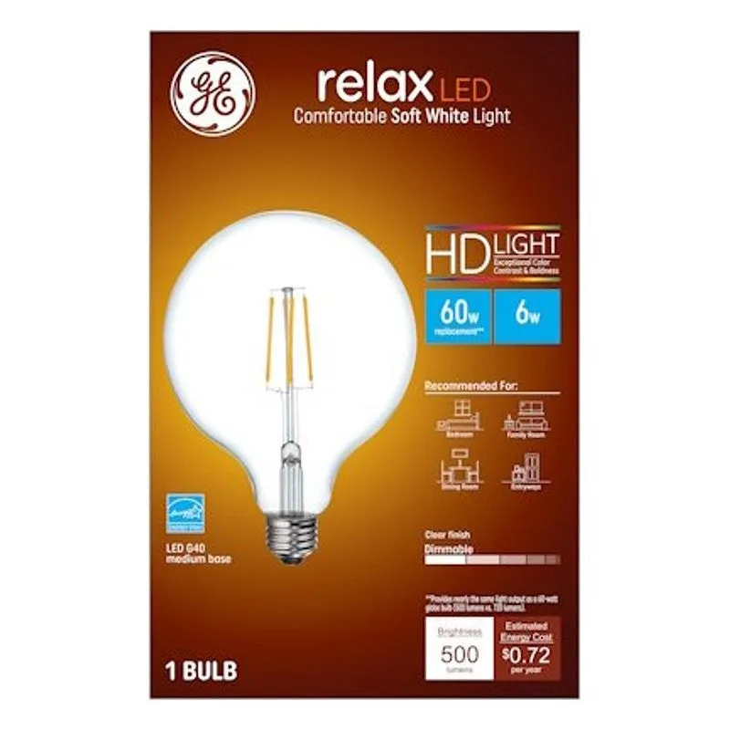 GE 93116239 LED Light Bulb, G40 Lamp, 60 W Equivalent, E26 Medium Lamp Base, Yes, Clear, Soft White Light (Pack of 3)
