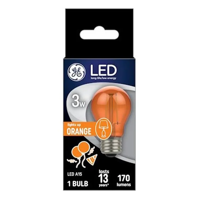 GE 93116858 Party Light Bulb, A15 Bulb, 3 W, Orange Bulb, LED Bulb, 2700 K Color Temp, 170 Lumens (Pack of 4)