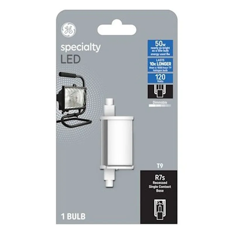 GE 93129009 LED Bulb, Specialty, 800 Lumens, 8 W, T9 Lamp, RX7s Lamp Base, Dimmable, Soft White, 3000 K Color Temp