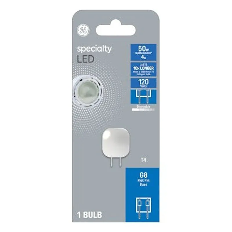 GE 93129011 LED Bulb, Specialty, T4 Lamp, G8 Lamp Base, Dimmable, Clear, Soft White Light, 3000 K Color Temp (Pack of 4)