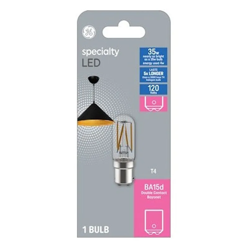 GE 93129023 LED Bulb, T4 Lamp, 50 W Equivalent, Ba15d Bayonet Lamp Base, Clear, Soft White Light, 3000 K Color Temp (Pack of 4)