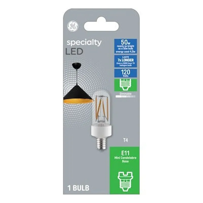 GE 93129027 LED Bulb, T4 Lamp, 50 W Equivalent, E11 Mini Candelabra Lamp Base, Dimmable, Clear, Soft White Light (Pack of 4)