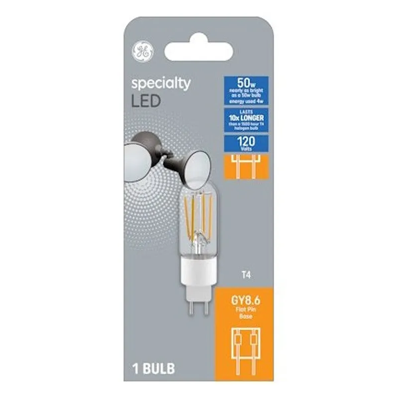 GE 93129029 LED Bulb, T4 Lamp, 50 W Equivalent, G8.6 Flat Pin Lamp Base, Dimmable, Frosted, Soft White Light (Pack of 4)