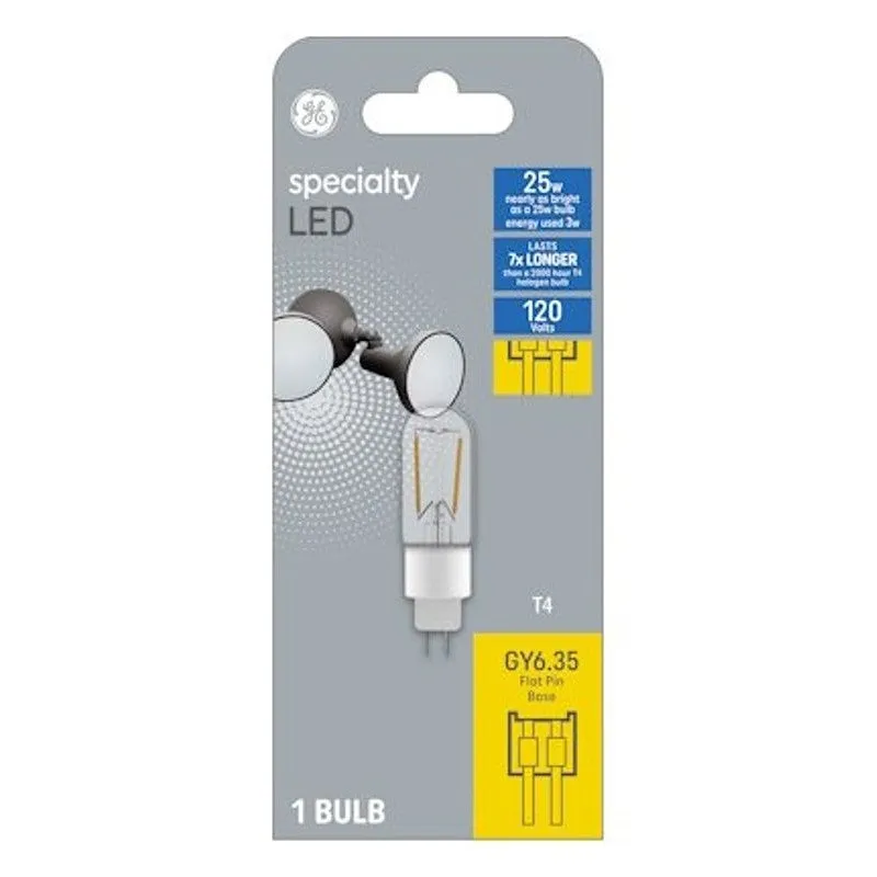 GE 93129030 Light Bulb, 25 W, G6.35 Lamp Base, T4 Lamp, Soft White Light, 250 Lumens, 3000 K Color Temp (Pack of 4)