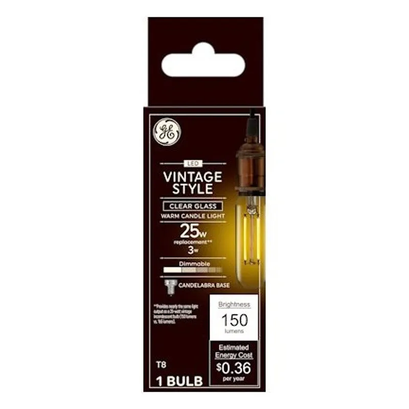 GE 93129849 Light Bulb, Vintage Style, T8 Linear Lamp, 25 W Equivalent, E12 Candelabra Lamp Base, Yes, Clear (Pack of 4)