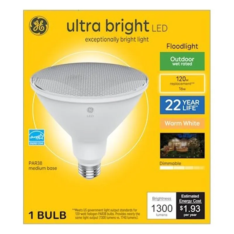 GE 93130019 LED Bulb, PAR38 Lamp, 120 W Equivalent, Medium Lamp Base, Dimmable, White, 3000 K Color Temp