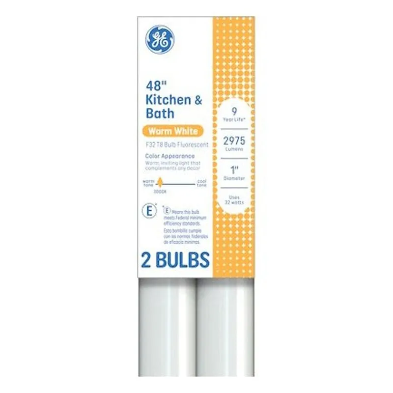 GE 93130668 Tube Light Bulb, 32 W, T8 Linear Lamp, G13 Bi-Pin Lamp Base, 2975 Lumens, 3000 K Color Temp, Warm White (Pack of 6)