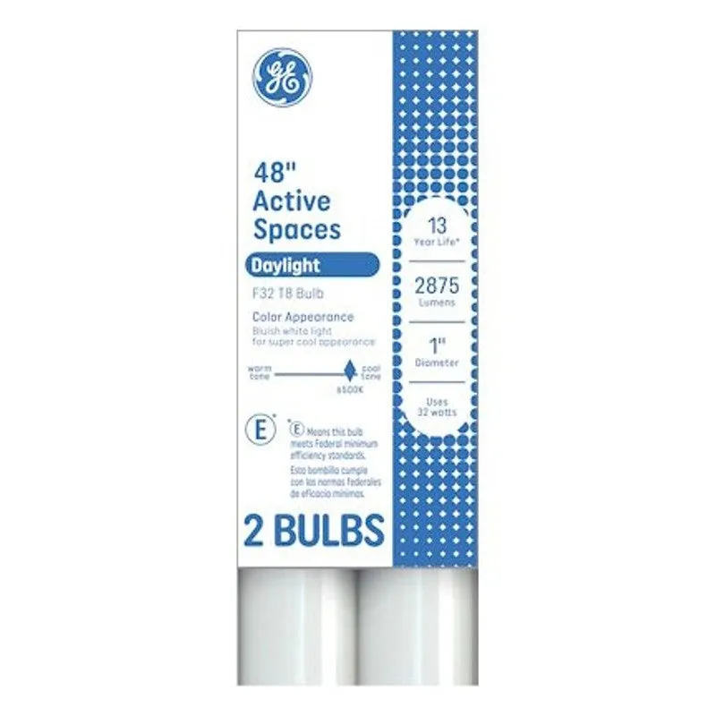 GE 93130669 Tube Light Bulb, 32 W, T8 Linear Lamp, G13 Bi-Pin Lamp Base, 2900 Lumens, 6500 K Color Temp, Daylight (Pack of 6)