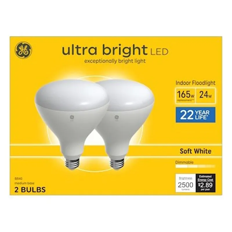 GE 93130764 LED Light Bulb, Ultra-Bright, BR40 Lamp, 165 W Equivalent, E26 Medium Lamp Base, Dimmable, Soft White