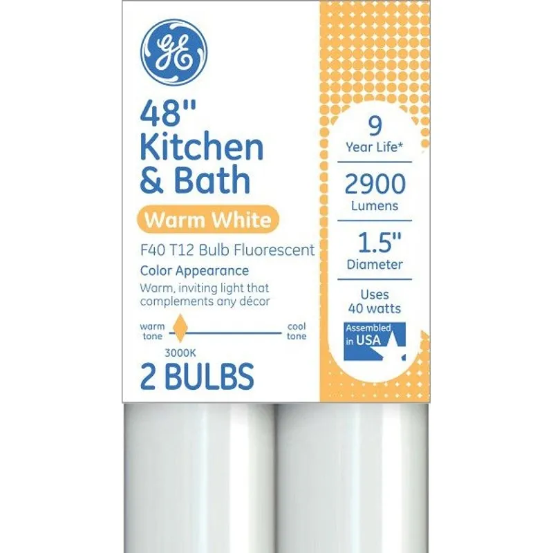 GE 93131325 Tube Light Bulb, 40 W, T12 Linear Lamp, G13 Bi-Pin Lamp Base, 2900 Lumens, 3000 K Color Temp, Warm White (Pack of 9)