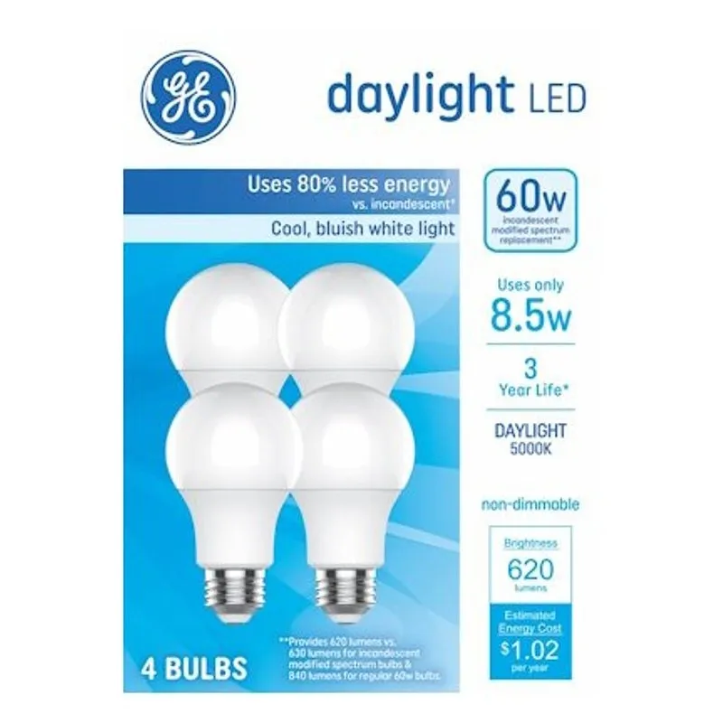 GE 93131943 Light Bulb, 60 W Equivalent, Daylight, 5000 K Color Temp (Pack of 4)