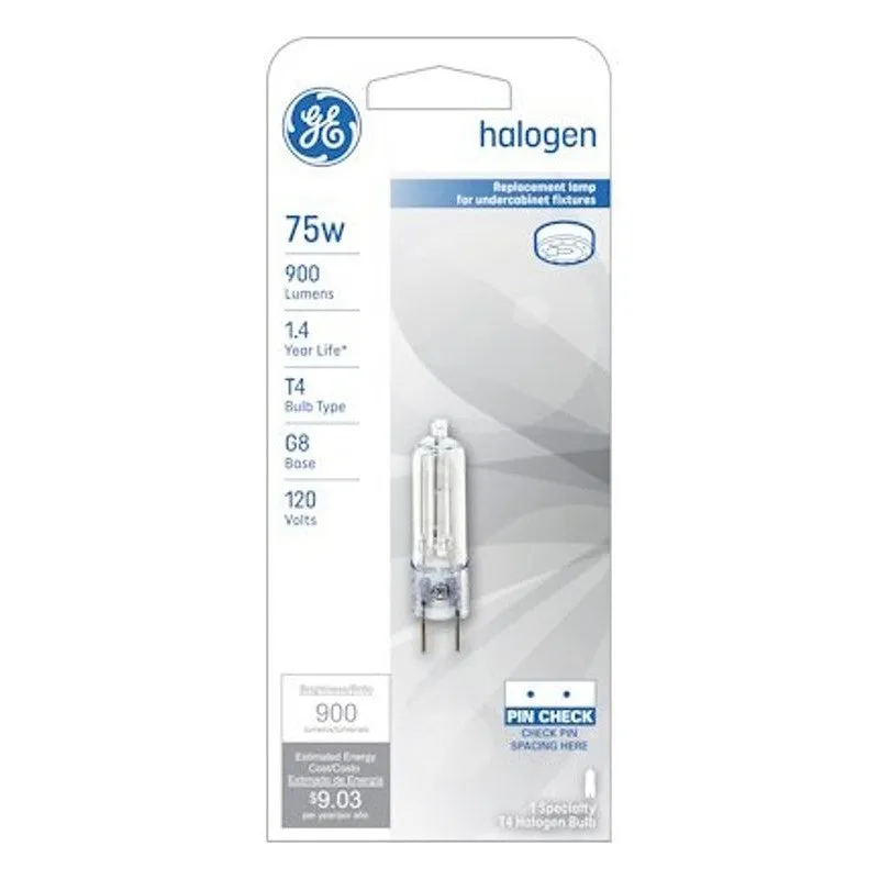 GE 97666 Halogen Bulb, 75 W, G8 Bi-Pin Lamp Base, T4 Lamp, Bright White Light, 900 Lumens, 2850 K Color Temp (Pack of 5)