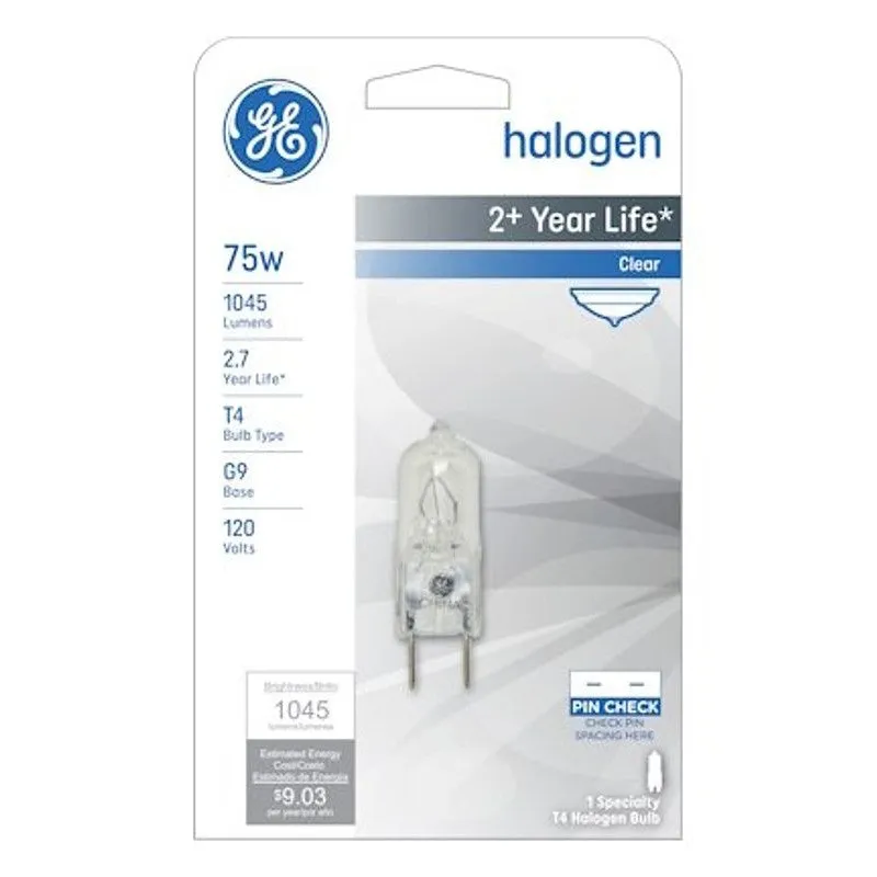 GE Edison Series 16759 Halogen Bulb, 75 W, G9 Lamp Base, T4 Lamp, White Light, 1045 Lumens, 2850 K Color Temp (Pack of 5)