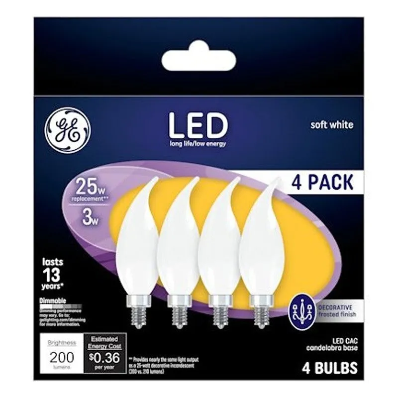 GE Industrial Solutions 37319 LED Bulb, Decorative, 200 Lumens, 3 W, CAC Lamp, E12 Lamp Base, Dimmable, Frosted
