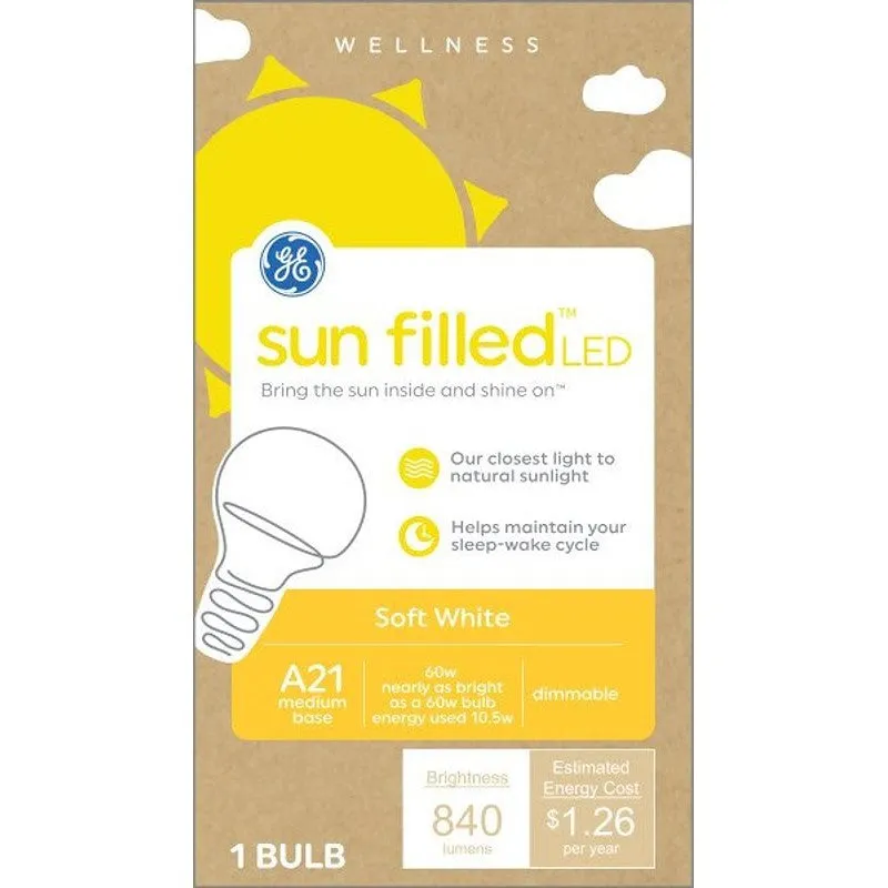 GE Sun Filled 93129184 LED Light Bulb, General-Purpose, A21 Lamp, 60 W Equivalent, E26 Medium Lamp Base, Dimmable, White