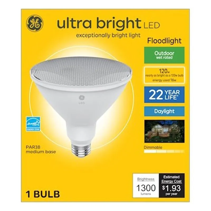 GE Ultra Bright Series 93130317 Floodlight Bulb, PAR38 Lamp, 120 W Equivalent, Medium Lamp Base, Yes, Clear, Daylight