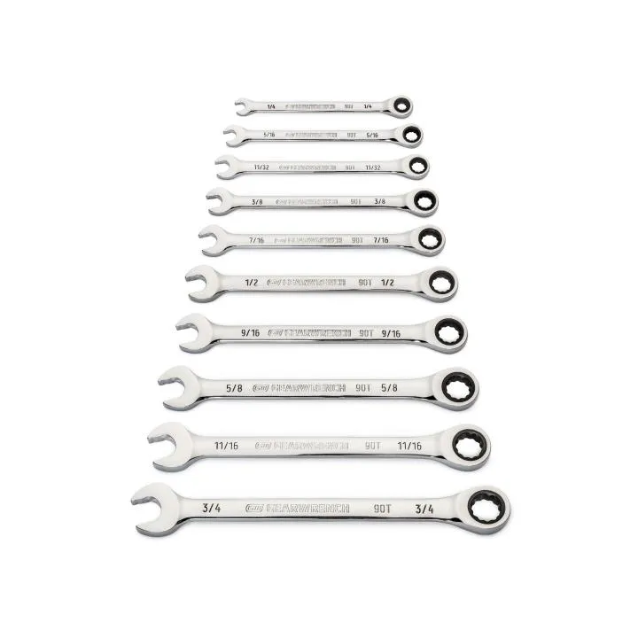 GEARWRENCH 86958 10 Piece 90-Tooth 12 Point SAE Combination Ratcheting Wrench Set