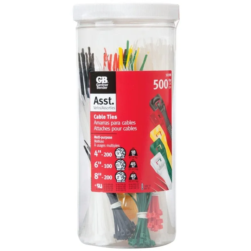 Gardner Bender 50398 Cable Tie, Double-Lock Locking, 4 in, 6 in, 8 in L, 500/PK