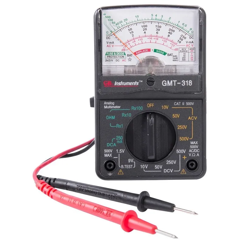 Gardner Bender GMT-318 Multimeter, Analog Display, Functions: AC Voltage, DC Current, DC Voltage, Resistance, Black
