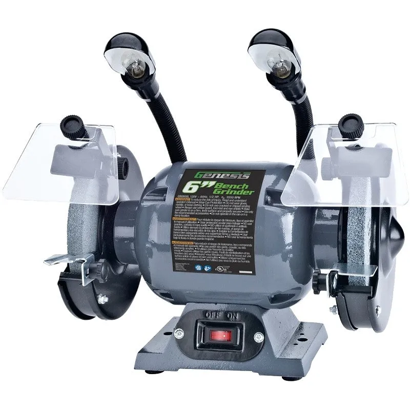 Genesis GBG600L Bench Grinder, 120 VAC, 1.5 A, 1/2 in Arbor/Spindle, 6 in Dia Wheel, 3550 rpm Speed