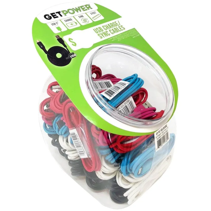 GetPower CWP-USBBOWLUSBC Braided USB Charge/Sync Cable, Assorted Sheath, 3 ft L