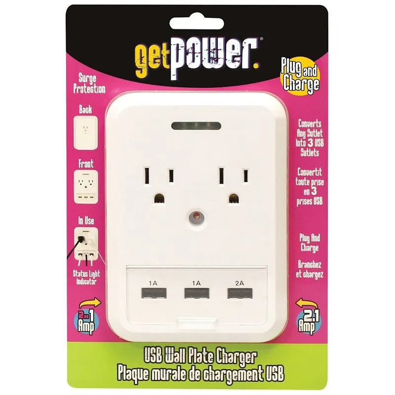 GetPower GP-3USB-AC-AC USB Wallplate Charger, 4.1 A, 5 -Outlet, White