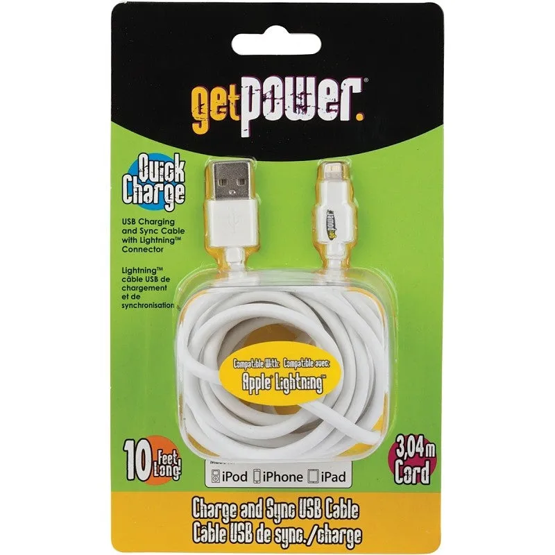 GetPower GP-XL-USB-L USB Charging and Sync Cable, White, 10 ft L