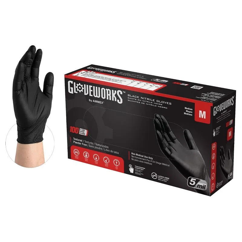 gloveworks gpnb44100 non sterile gloves m nitrile powder free black 1386 in l