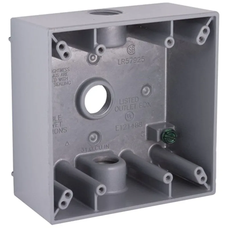 Hubbell 5333-0 Weatherproof Box, 18.3 cu-in, 3-Outlet, 2-Gang, Aluminum, Gray, Powder-Coated