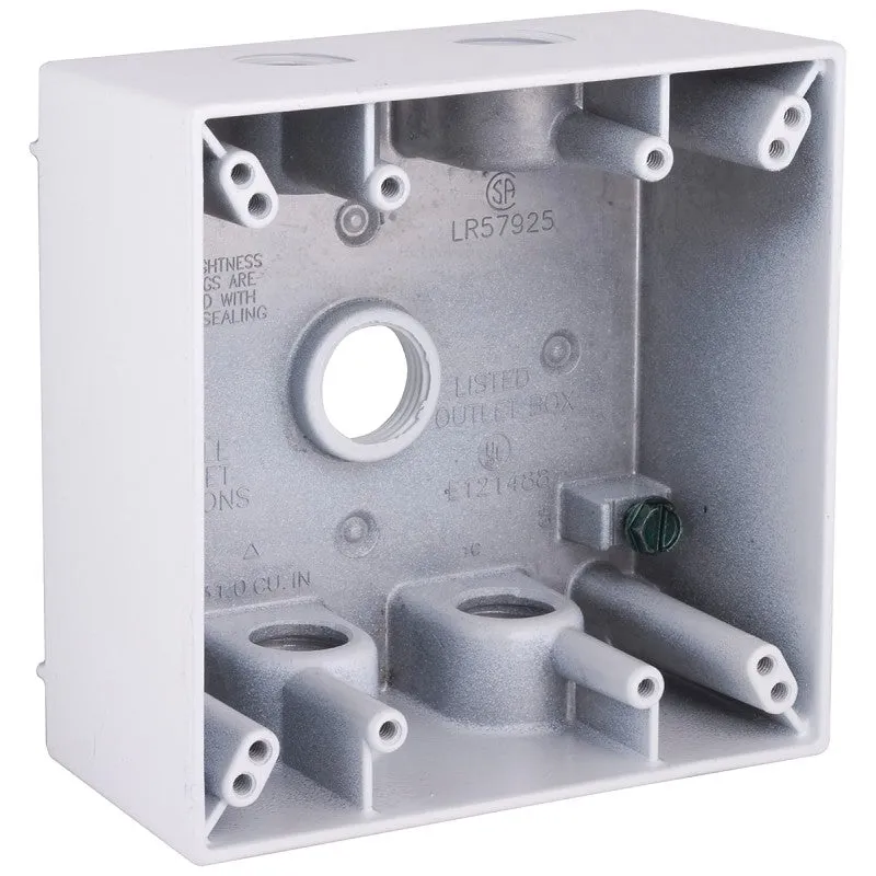 Hubbell 5337-1 Weatherproof Box, 5-Outlet, 2-Gang, Aluminum, White, Powder-Coated