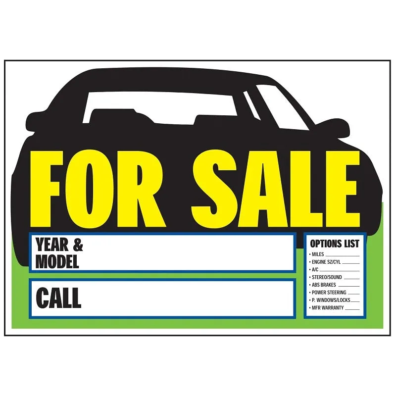 Hy-Ko 22104 Sign, For Sale (Car), Yellow Legend, Plastic, 9 in W x 14 in H Dimensions (Pack of 10)
