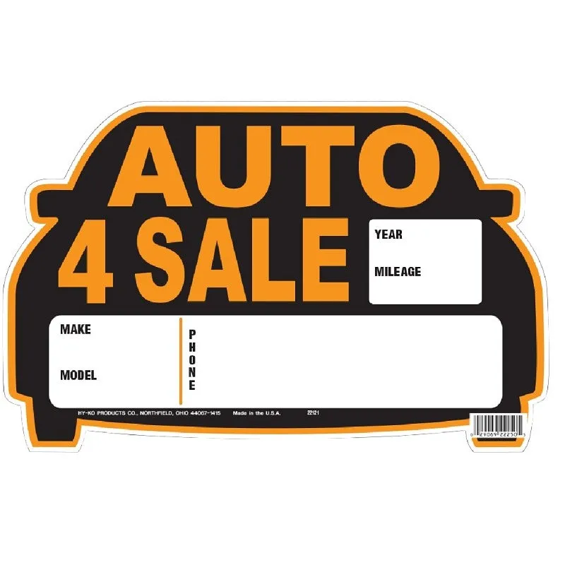 Hy-Ko 22121 Die-Cut Sign, AUTO 4 SALE, Orange Legend, Black Background, Polystyrene, 13 in W x 8-1/2 in H Dimensions (Pack of 5)