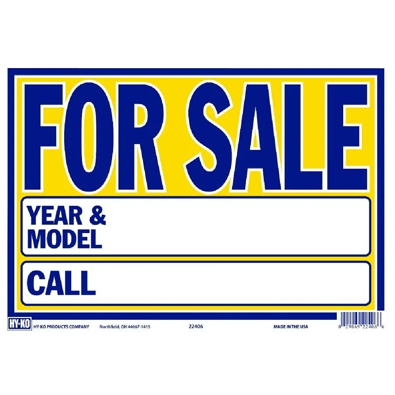 Hy-Ko 22406 Neon Sign, 9 x 13 in Dimensions, FOR SALE, YEAR & MODEL, CALL, Blue Legend, Yellow Background, Plastic (Pack of 10)