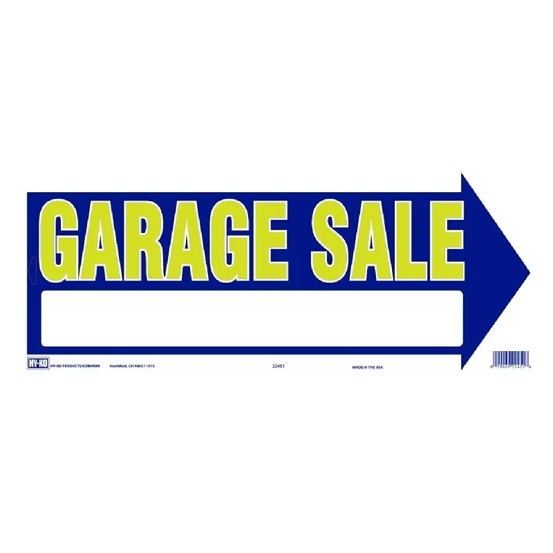Hy-Ko 22451 Directional Sign, GARAGE SALE (Arrow), Yellow Legend, Blue Background, Plastic, 9 in H x 18 in W Dimensions (Pack of 10)