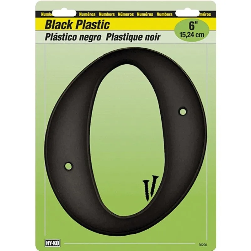 Hy-Ko 30200 Series 30210 House Number, Character: 0, 6 in H Character, Black Character, Plastic (Pack of 5)